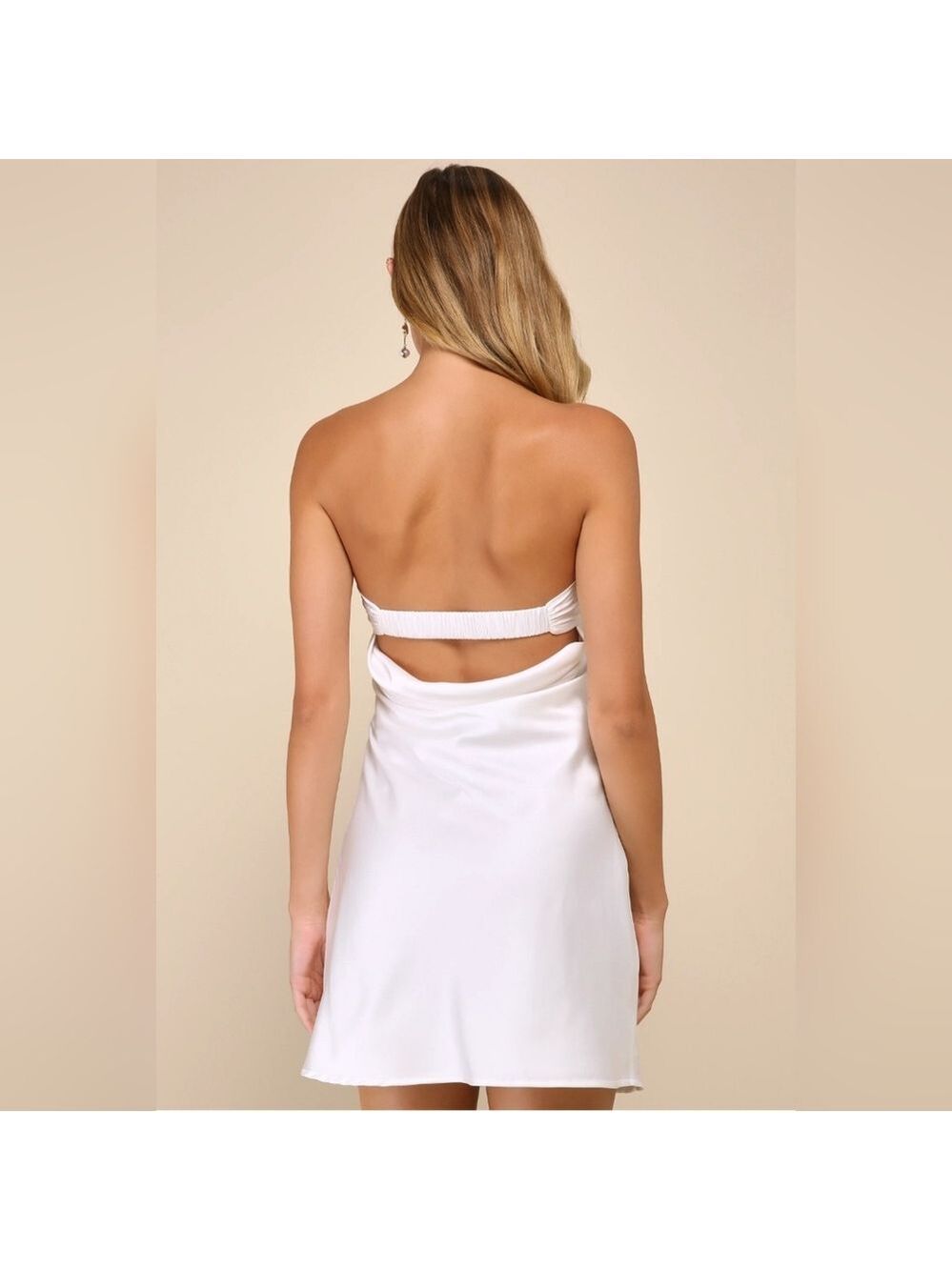 Lulus | White Satin Strapless Cowl Back Mini Dress | Exquisite Approach | Size S